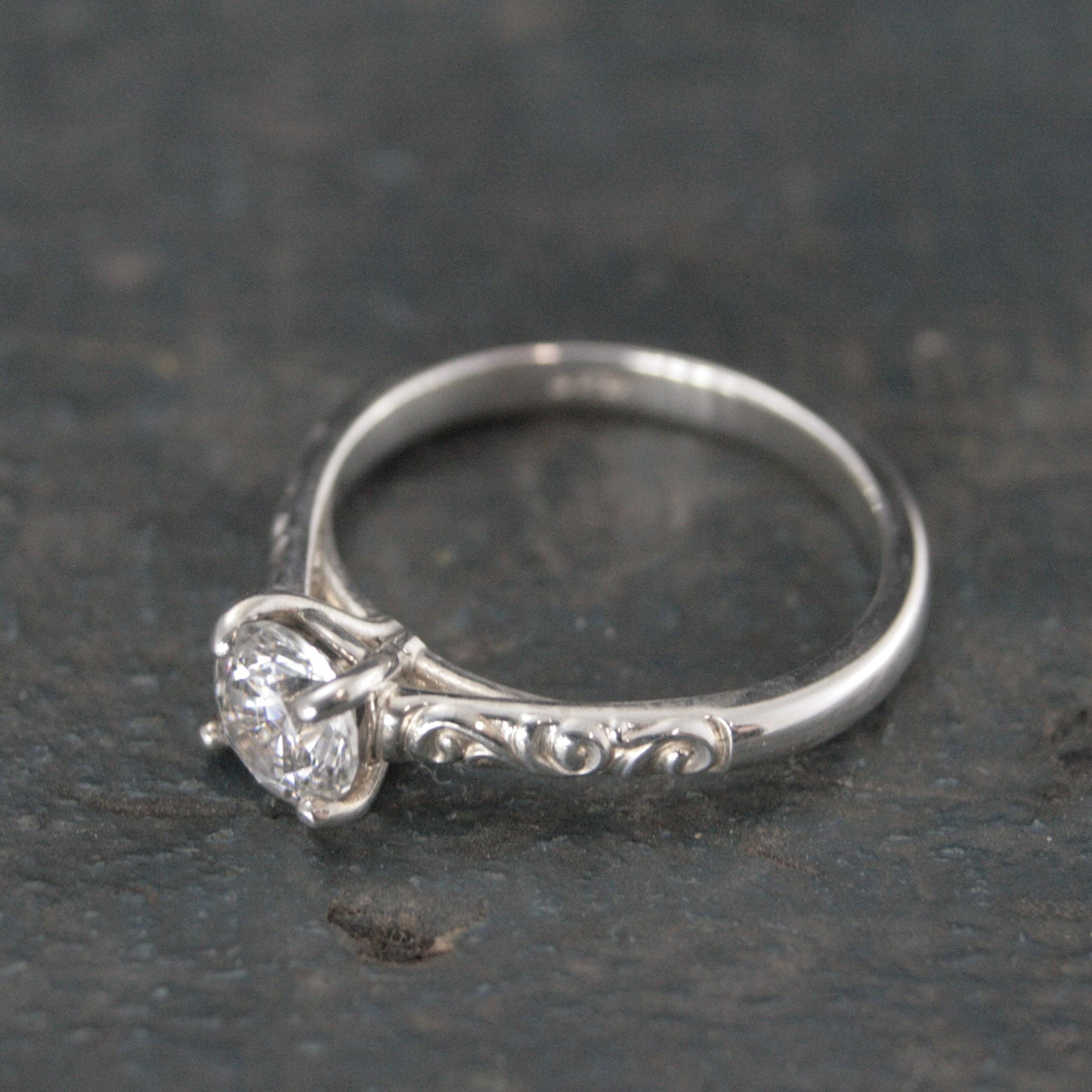 Silver Solitaire Flourish Swirl Cathedral Alice Design Economical Engagement Ring Cubic Zirconia Moissanite Lab Diamond