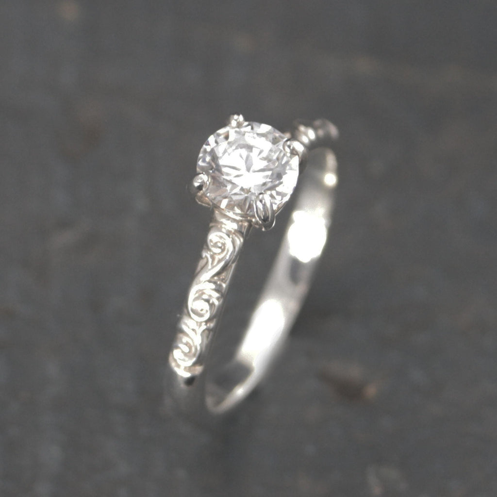 Silver Solitaire Flourish Swirl Cathedral Alice Design Economical Engagement Ring Cubic Zirconia Moissanite Lab Diamond