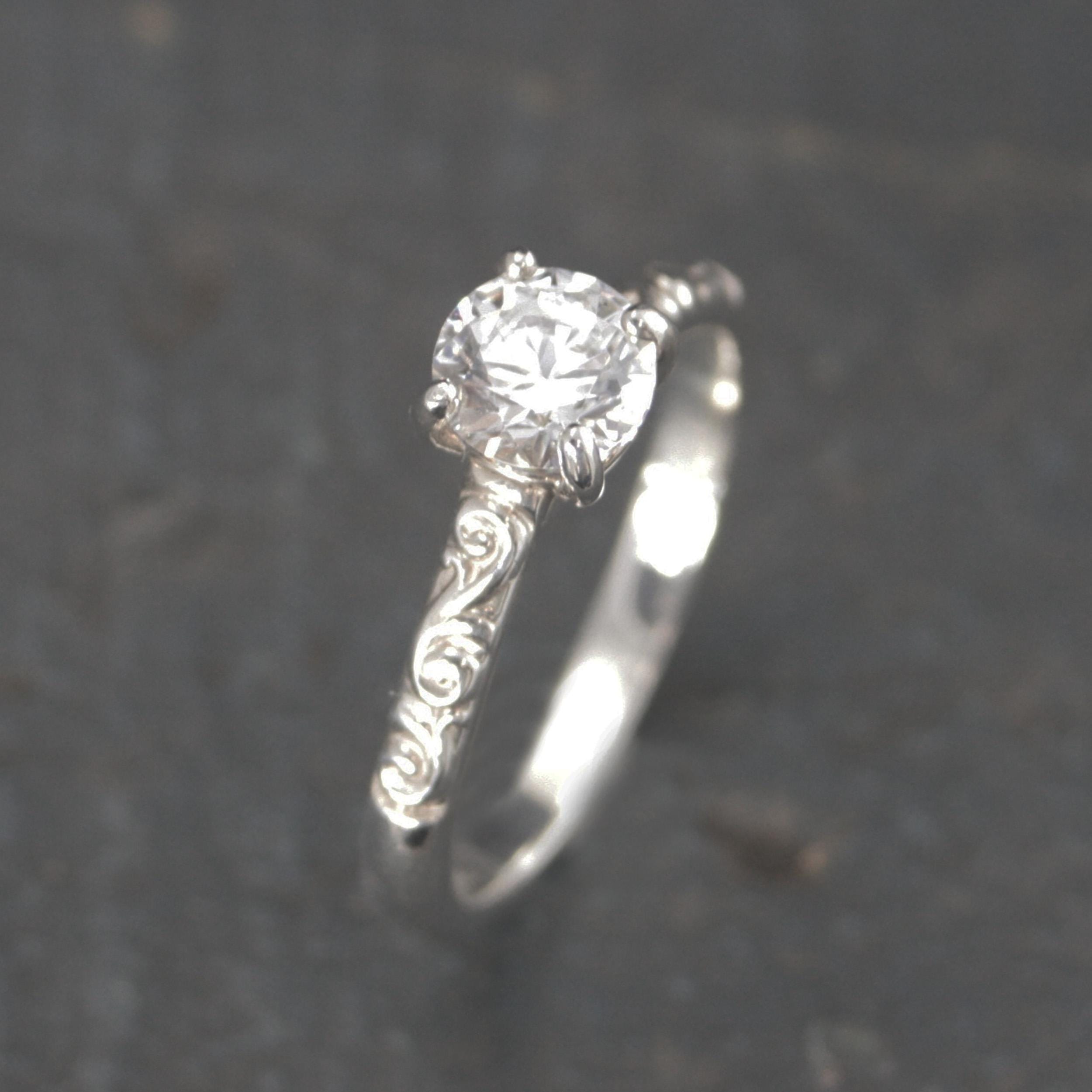 Silver Solitaire Flourish Swirl Cathedral Alice Design Economical Engagement Ring Cubic Zirconia Moissanite Lab Diamond