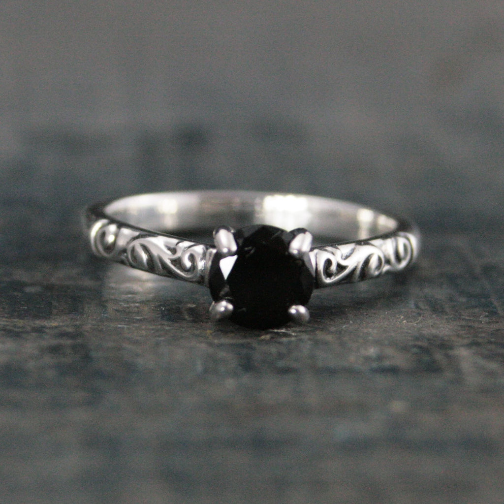 Sterling Silver Onyx Ring Cathedral Solitaire Gothic Engagement Ring Black Stone Protection Ring Swirl Design Dark Alice Flourish Ring