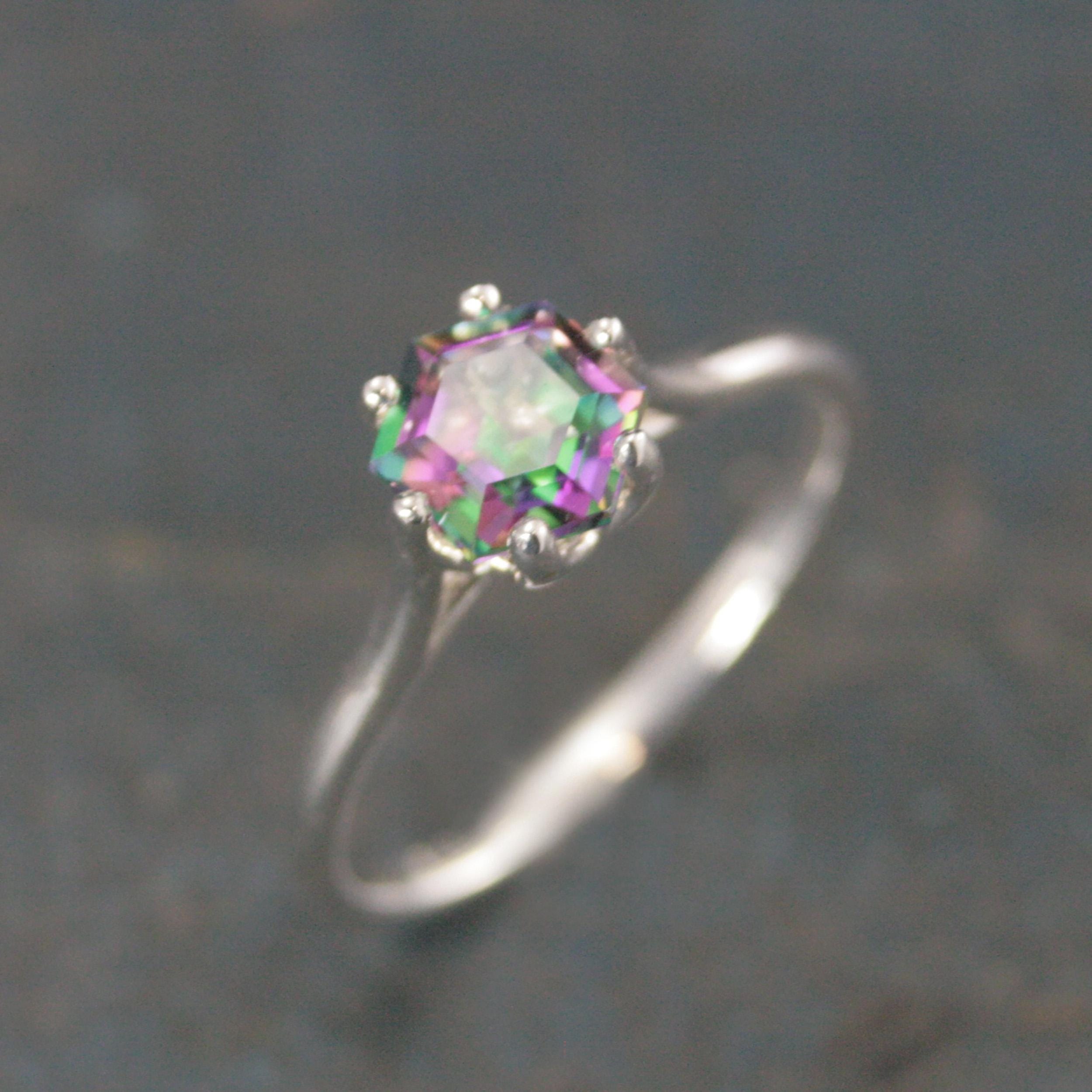 Dark Mystic Topaz Cathedral Solitaire Hexagon Rainbow Topaz Sterling Silver Dark Fairy Engagement Ring Fantasy Dragon Ring