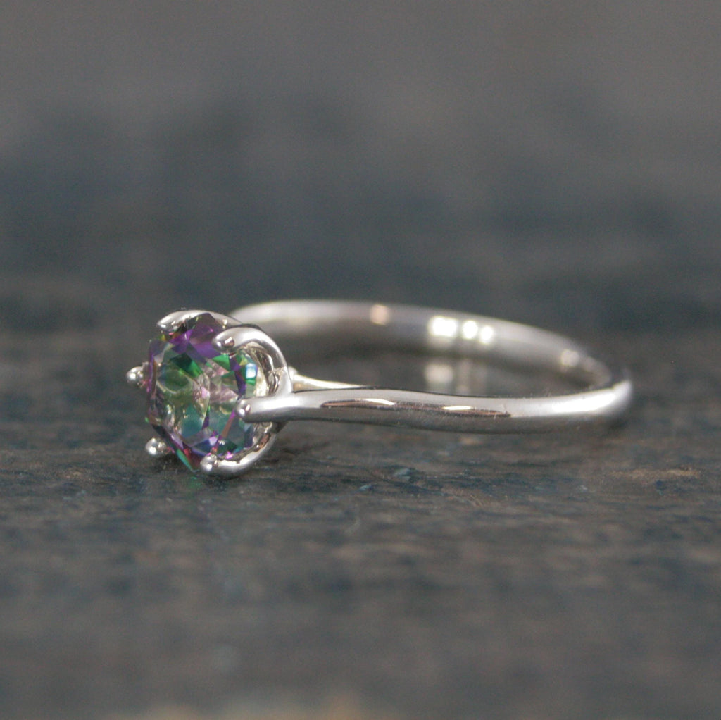 Dark Mystic Topaz Cathedral Solitaire Hexagon Rainbow Topaz Sterling Silver Dark Fairy Engagement Ring Fantasy Dragon Ring