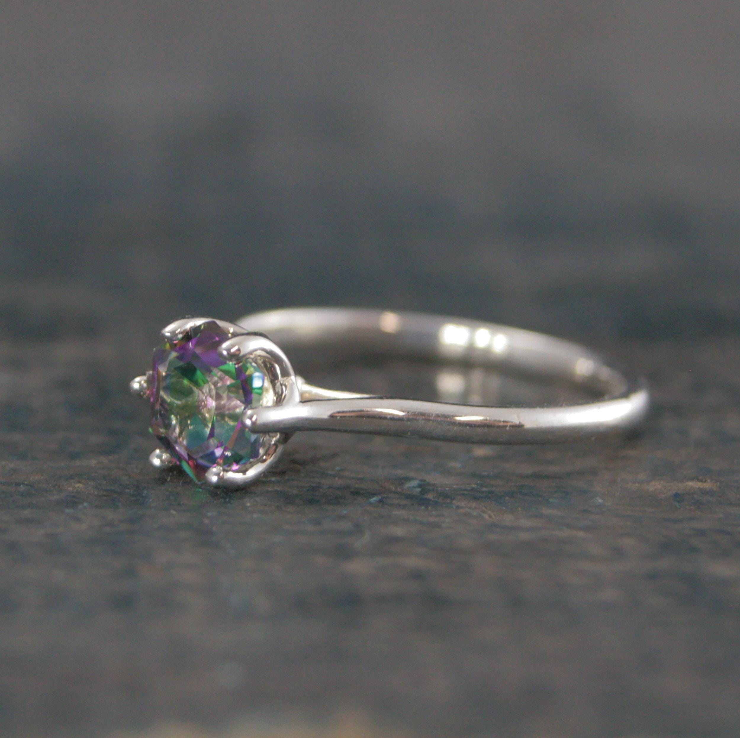 Dark Mystic Topaz Cathedral Solitaire Hexagon Rainbow Topaz Sterling Silver Dark Fairy Engagement Ring Fantasy Dragon Ring