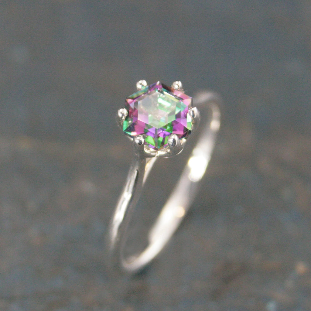 Dark Mystic Topaz Cathedral Solitaire Hexagon Rainbow Topaz Sterling Silver Dark Fairy Engagement Ring Fantasy Dragon Ring