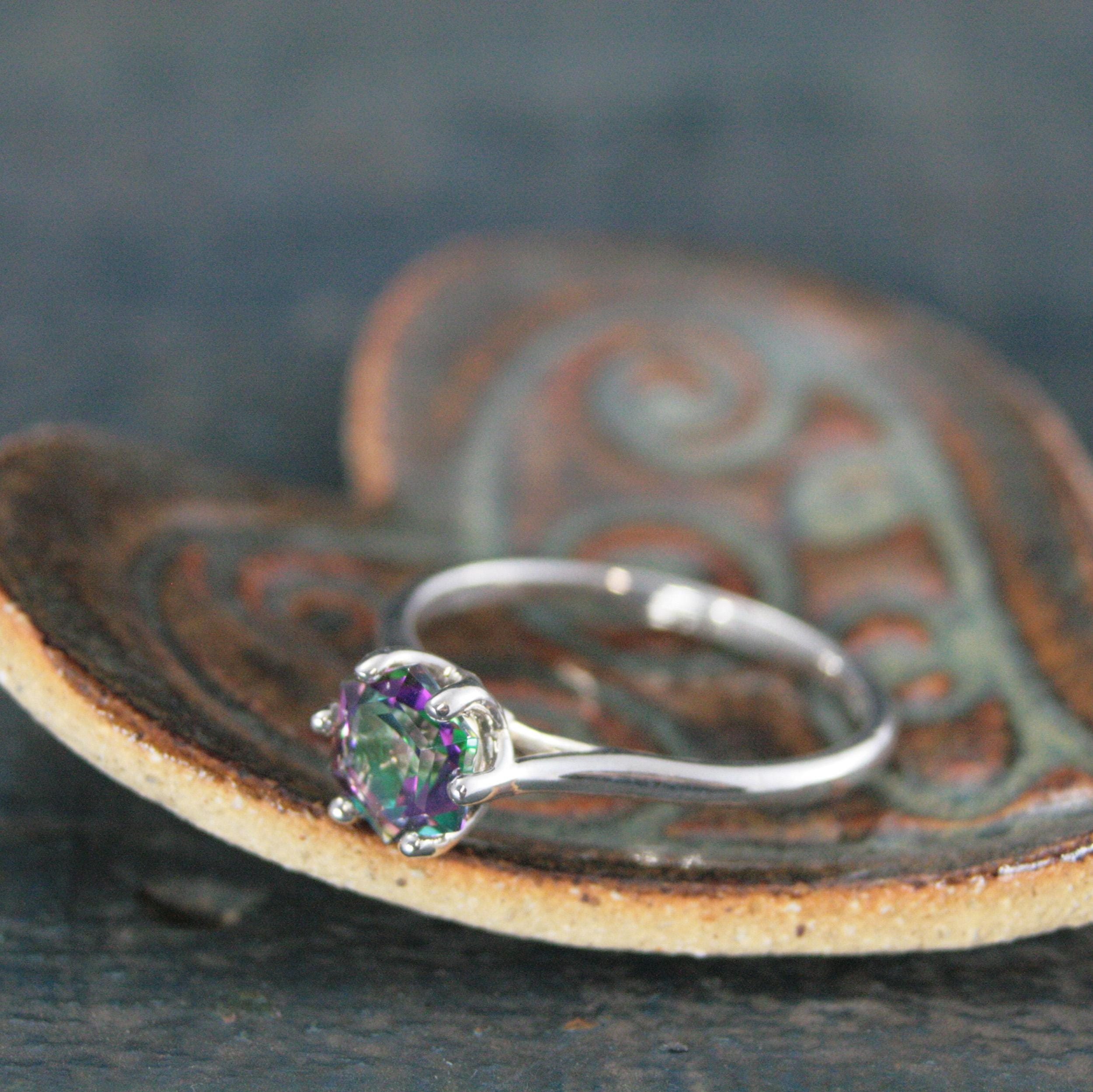 Dark Mystic Topaz Cathedral Solitaire Hexagon Rainbow Topaz Sterling Silver Dark Fairy Engagement Ring Fantasy Dragon Ring