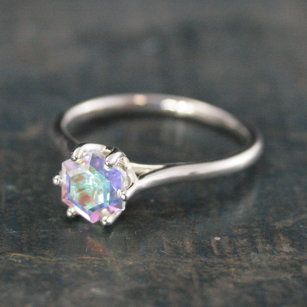 Hexagon Mystic Topaz Cathedral Solitaire Unique Hexagon Rainbow Stone Fantasy Engagement Ring Rainbow Fairy Ring Sterling Silver
