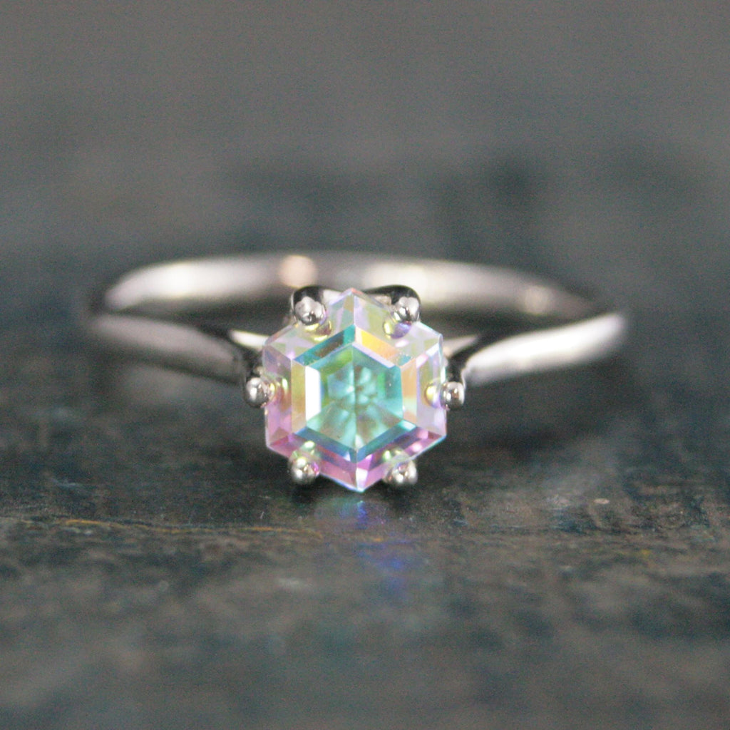 Hexagon Mystic Topaz Cathedral Solitaire Unique Hexagon Rainbow Stone Fantasy Engagement Ring Rainbow Fairy Ring Sterling Silver