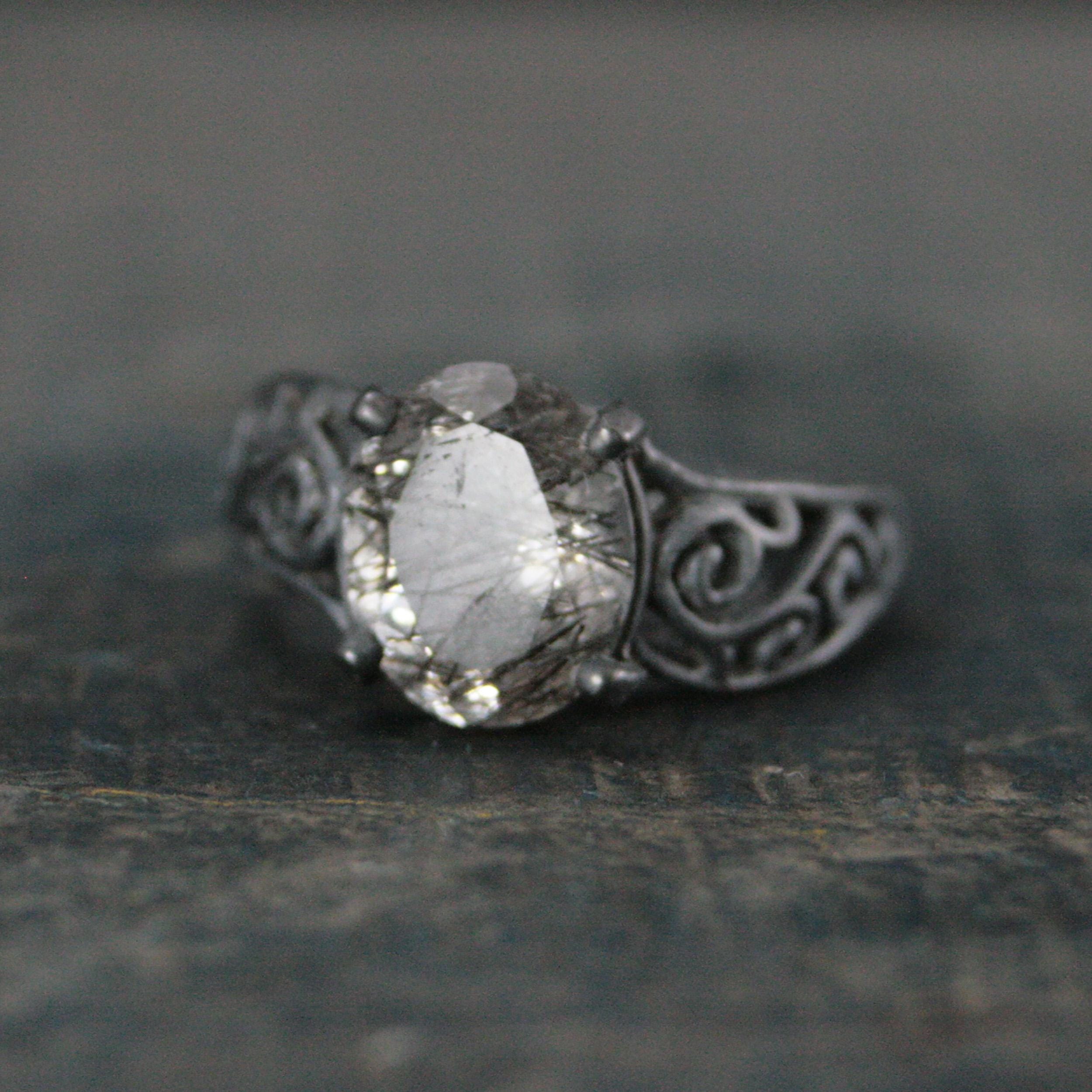 Rutilated Quartz Ring Oval Bypass Ring Black Silver Ring Black Filigree Ring 8x10 Oval Black Tourmalinated Quartz Gothic Swirl Ring