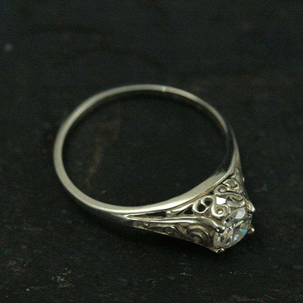 ON SALE The Cinderella Ring Silver Vintage Style Filigree Engagement Ring White Topaz or Cubic Zirconia Ring Antique Style Ring Promise Ring