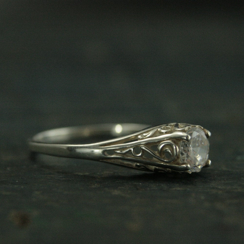 Silver Vintage Style Filigree Engagement Ring Cinderella CZ White Topaz White Sapphire Moissanite or Lab Diamond Ring Antique Style Ring