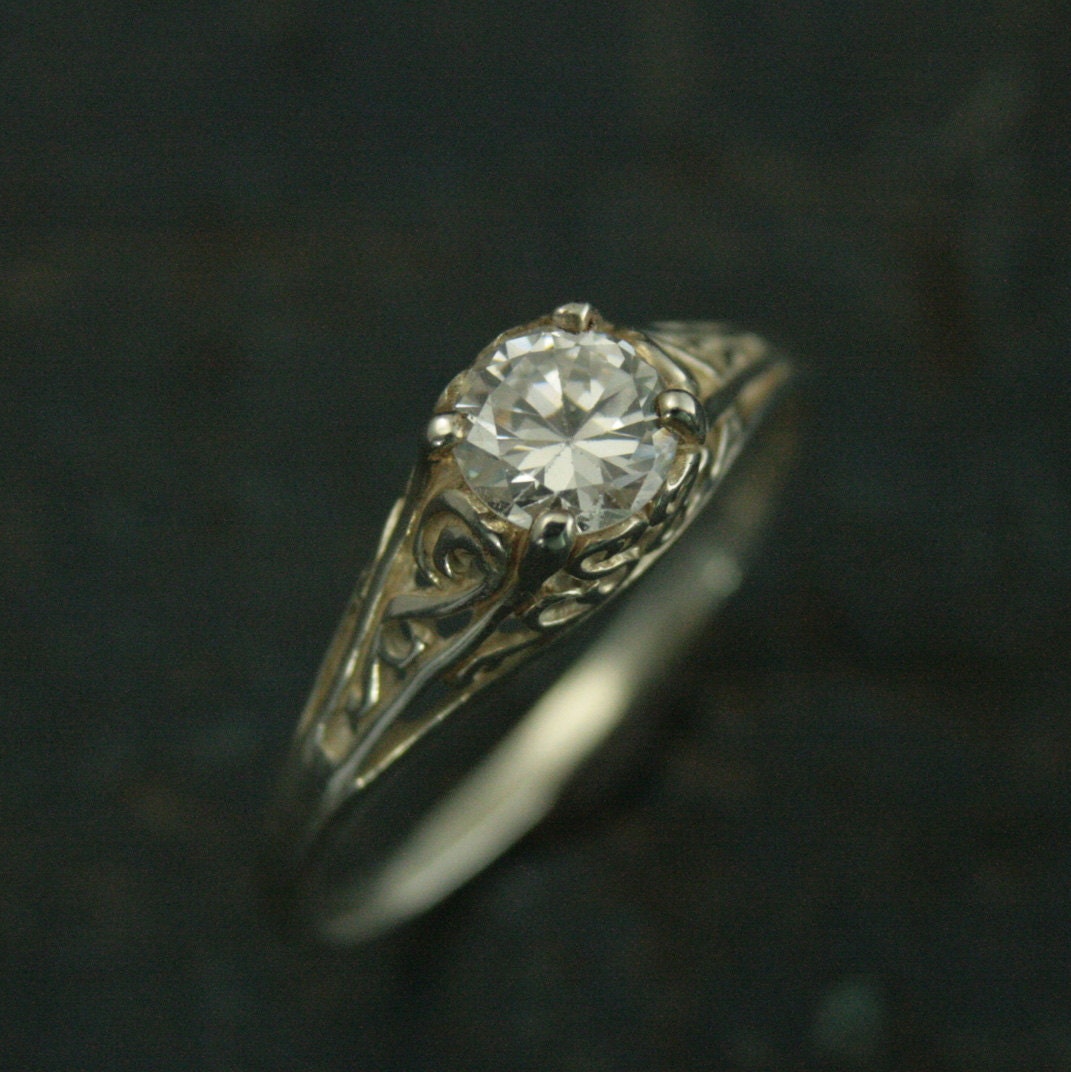 Silver Vintage Style Filigree Engagement Ring Cinderella CZ White Topaz White Sapphire Moissanite or Lab Diamond Ring Antique Style Ring