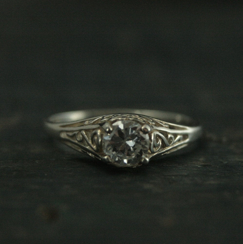 Silver Vintage Style Filigree Engagement Ring Cinderella CZ White Topaz White Sapphire Moissanite or Lab Diamond Ring Antique Style Ring