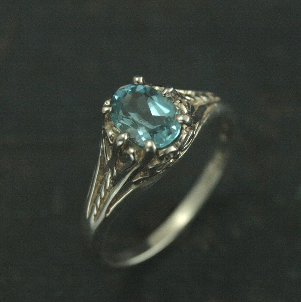 Aurora Sky Blue Topaz Ring Sterling Silver Engagement Ring Vintage Design Ring Antique Style Ring Victorian Style Filigree Ring