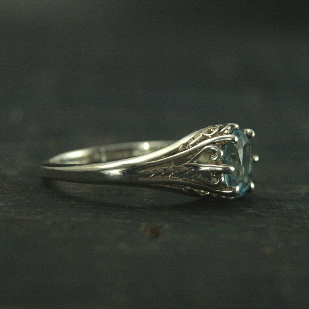 Aurora Sky Blue Topaz Ring Sterling Silver Engagement Ring Vintage Design Ring Antique Style Ring Victorian Style Filigree Ring