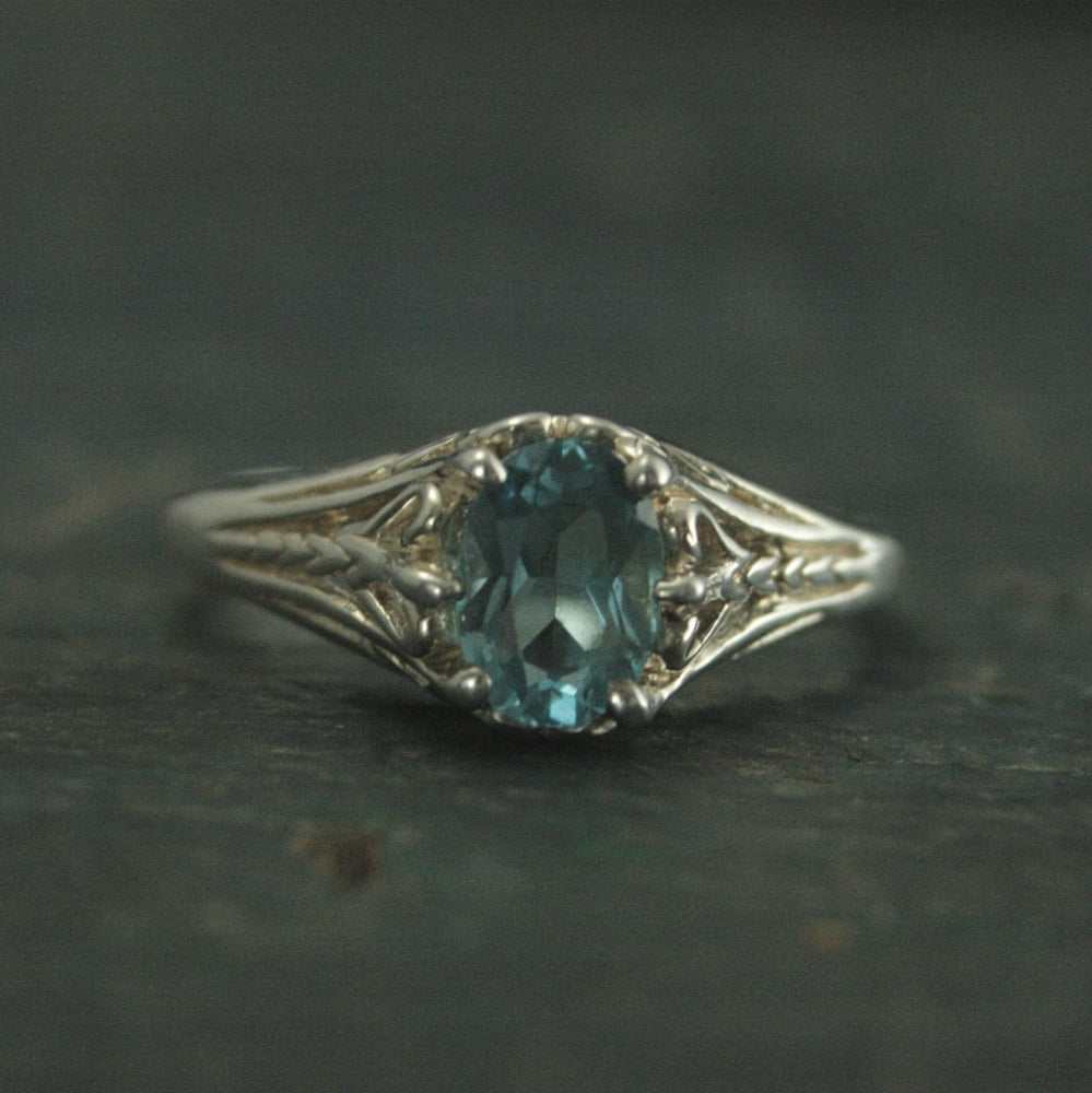 Aurora Sky Blue Topaz Ring Sterling Silver Engagement Ring Vintage Design Ring Antique Style Ring Victorian Style Filigree Ring