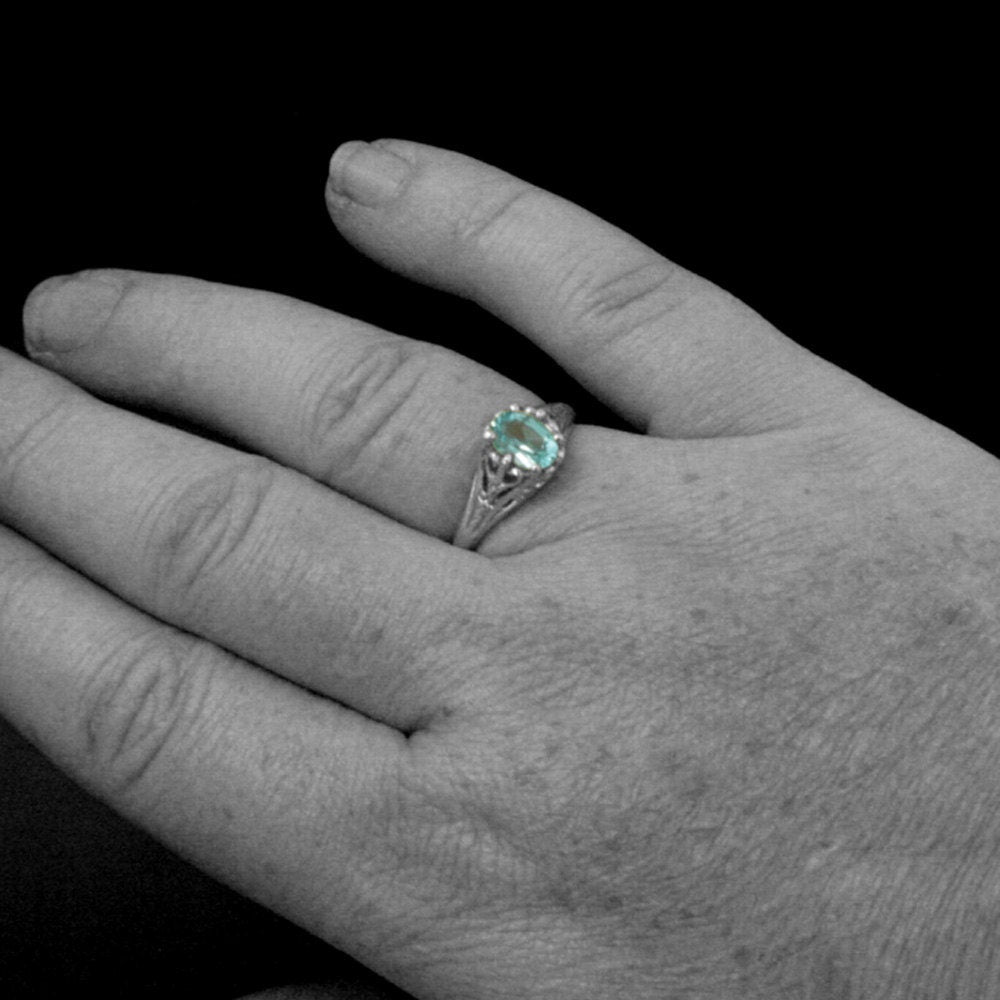 Aurora Sky Blue Topaz Ring Sterling Silver Engagement Ring Vintage Design Ring Antique Style Ring Victorian Style Filigree Ring