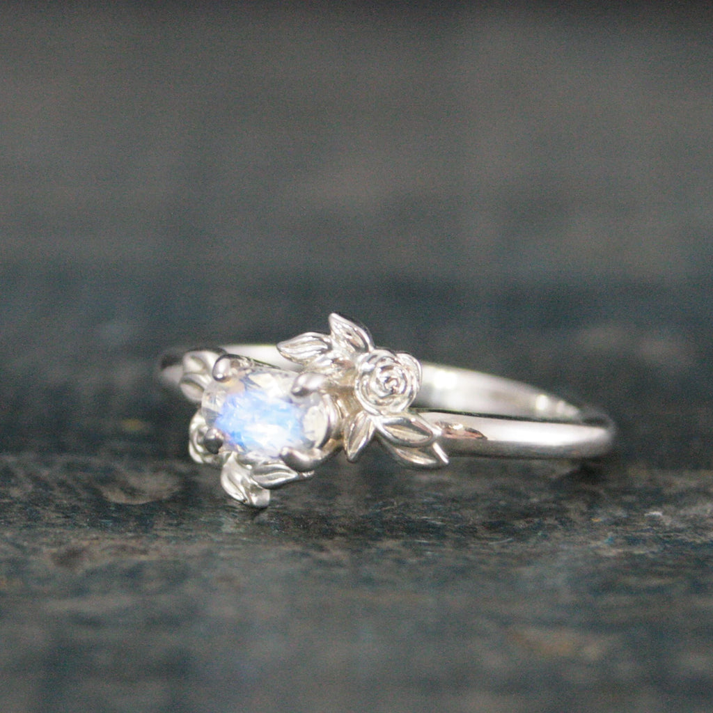 Oval Moonstone Ring Floral Rose Silver Ring Romantic Rose Ring 6x4mm Horizontal Facetted Oval Moonstone Ring Victorian Rose Flower Ring