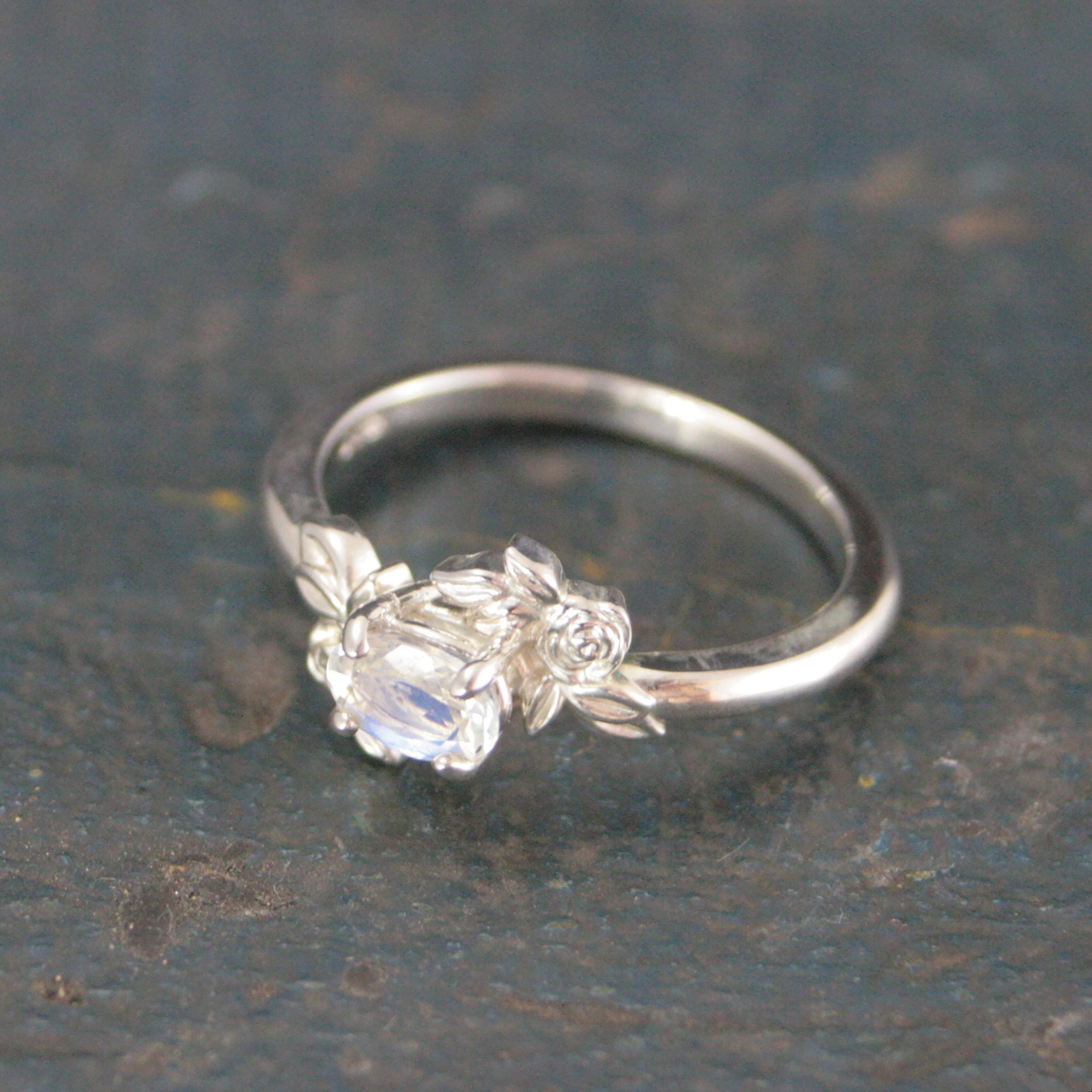 Oval Moonstone Ring Floral Rose Silver Ring Romantic Rose Ring 6x4mm Horizontal Facetted Oval Moonstone Ring Victorian Rose Flower Ring