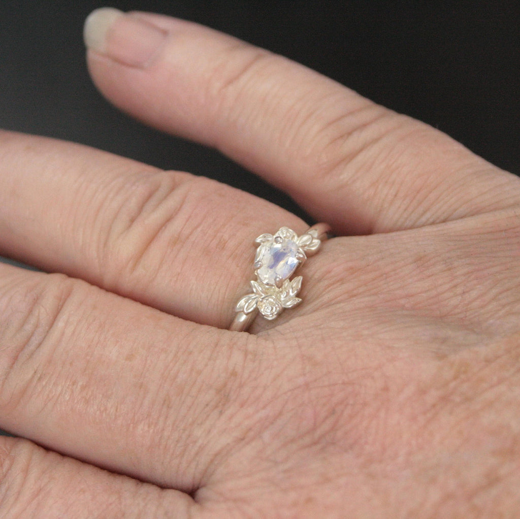 Oval Moonstone Ring Floral Rose Silver Ring Romantic Rose Ring 6x4mm Horizontal Facetted Oval Moonstone Ring Victorian Rose Flower Ring