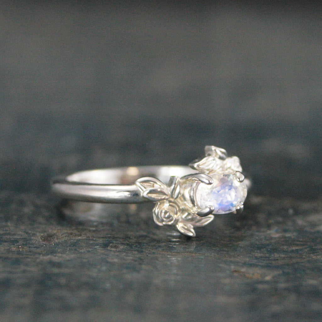 Oval Moonstone Ring Floral Rose Silver Ring Romantic Rose Ring 6x4mm Horizontal Facetted Oval Moonstone Ring Victorian Rose Flower Ring