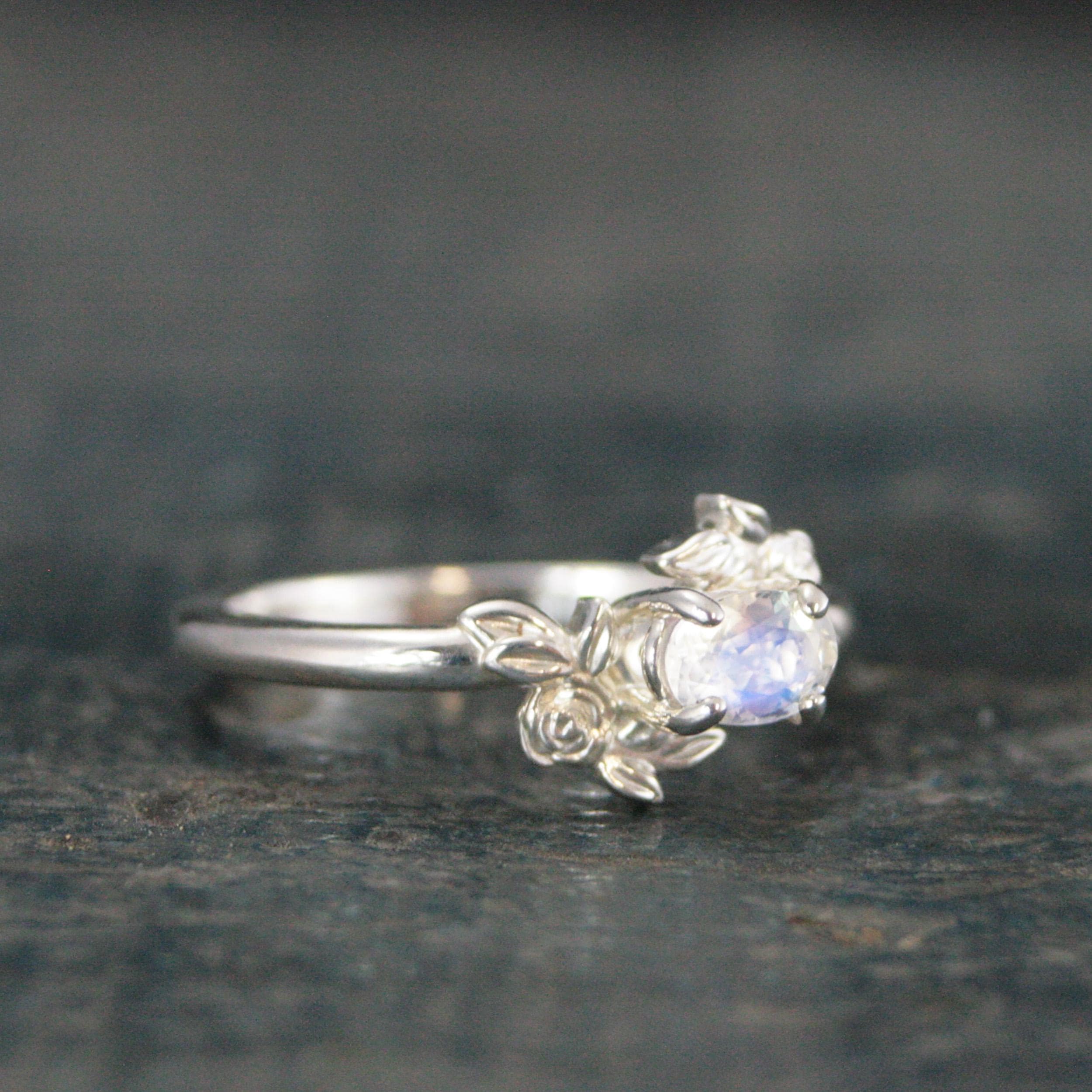 Oval Moonstone Ring Floral Rose Silver Ring Romantic Rose Ring 6x4mm Horizontal Facetted Oval Moonstone Ring Victorian Rose Flower Ring