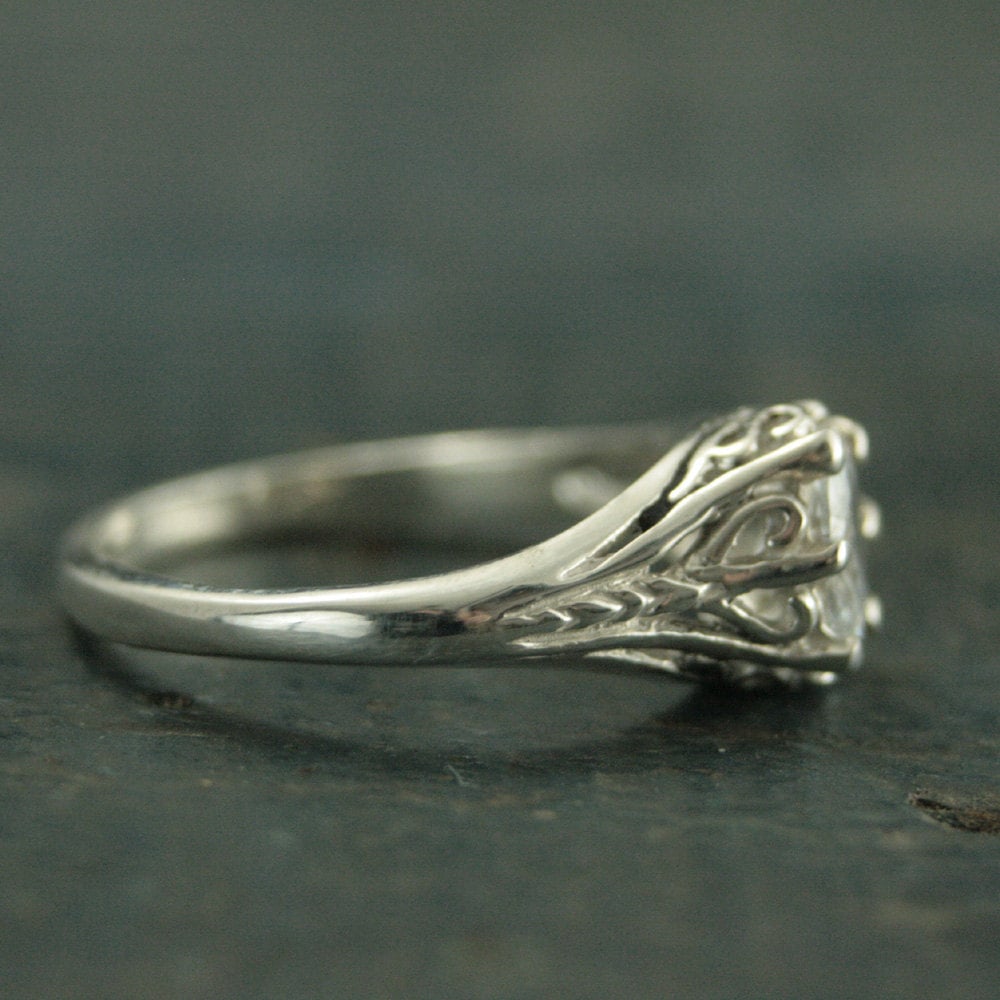 Aurora White Topaz Ring Sterling Silver Engagement Ring Vintage Design Ring Antique Style Ring Victorian Style Ring Oval Stone Ring