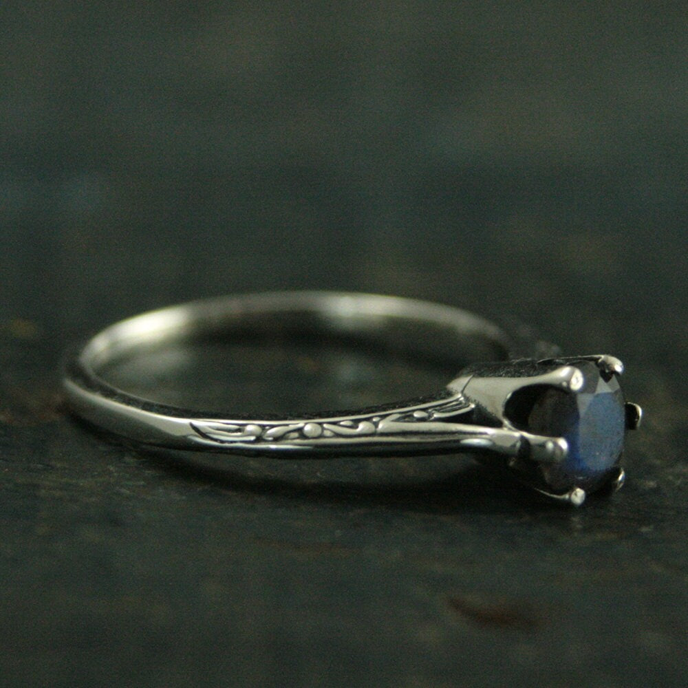 Atlantis Labradorite Engagement Ring--Full Cut Labradorite Ring--Sterling Silver Engagement Ring--Vintage Style Six Prong Solitaire Setting