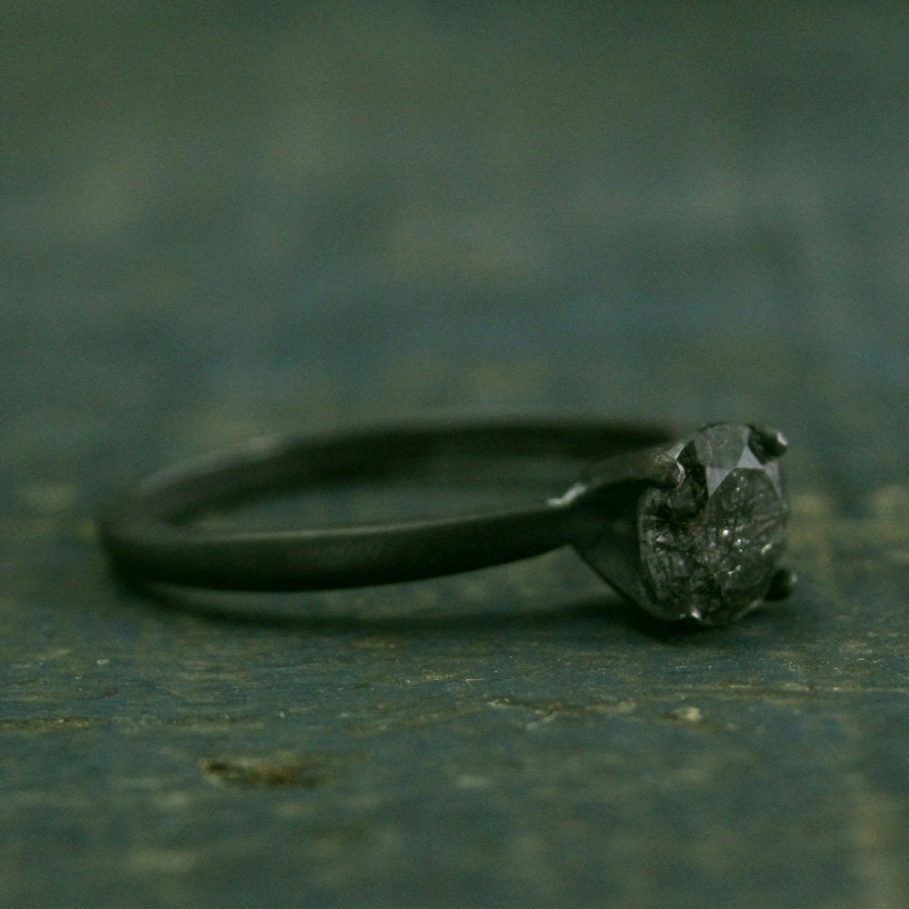 Flat Black Engagement Ring Oxidized Black Ring Rutilated Quartz Engagement Ring Black Stone Ring Dark Stone Engagement Simple Black