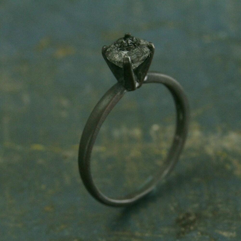 Flat Black Engagement Ring Oxidized Black Ring Rutilated Quartz Engagement Ring Black Stone Ring Dark Stone Engagement Simple Black