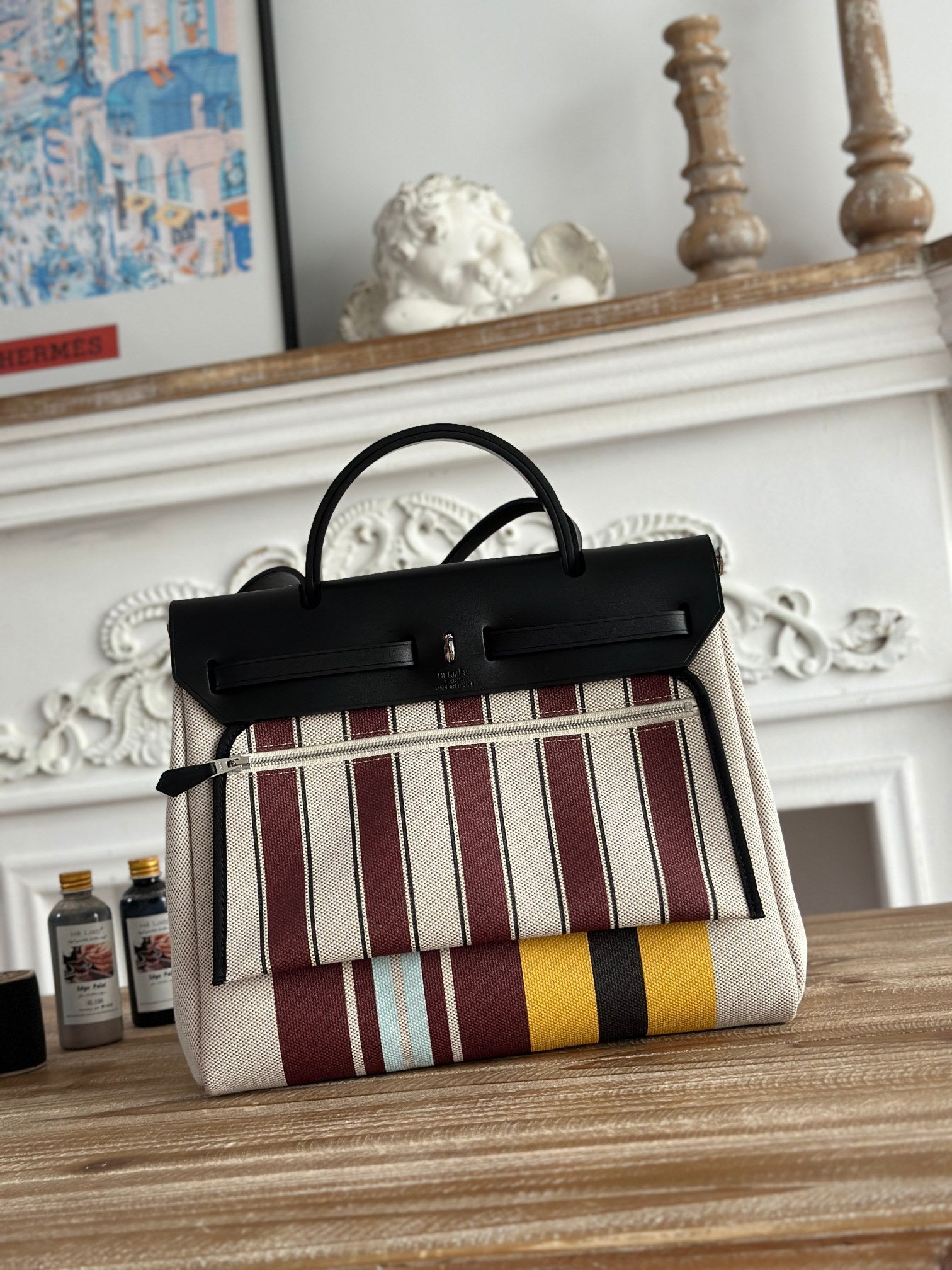 HERBAG ZIP 31 LAQUERED BAG IN BROWN MIX YELLOW H PLUME CANVAS