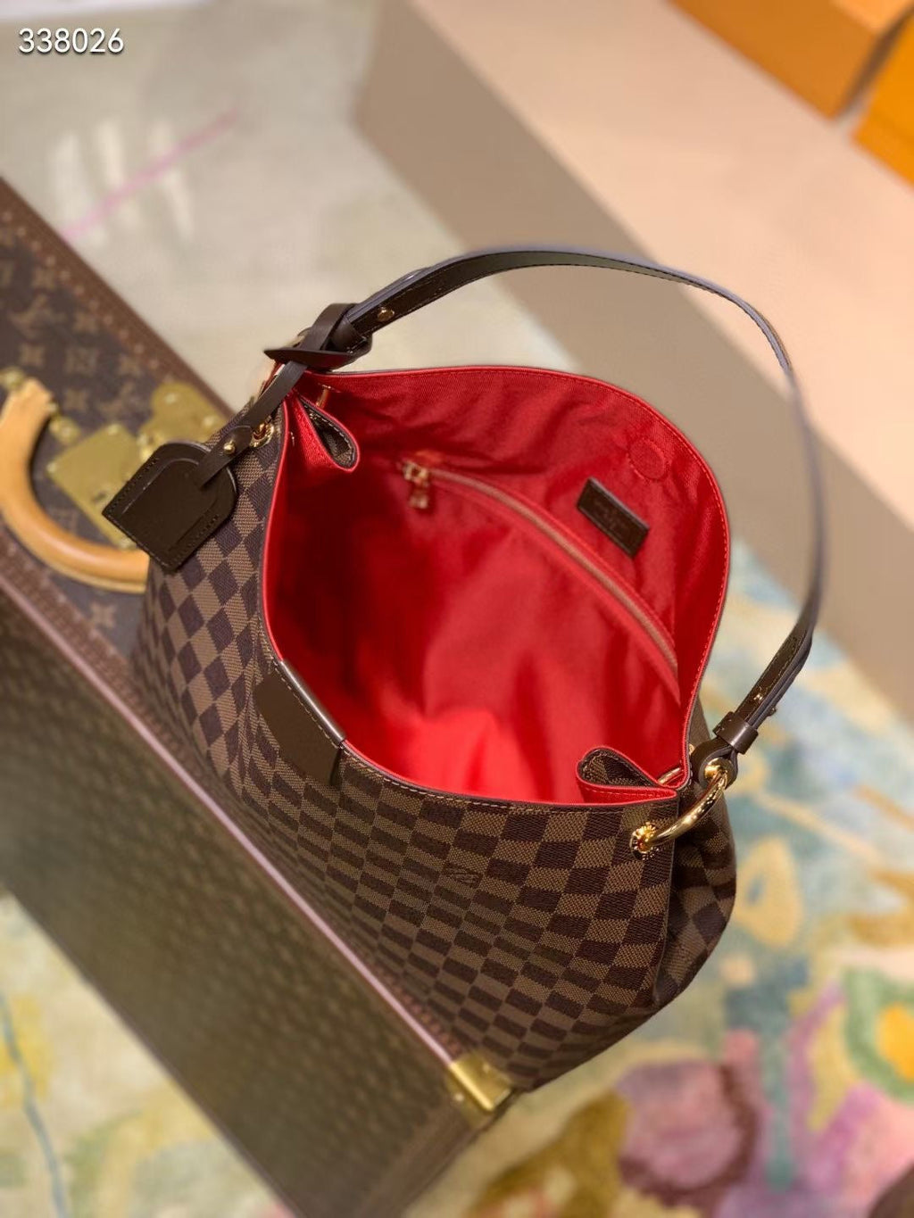 GRACEFUL MM BAG 35 IN BROWN DAMIER COATED CANVAS BROWN CALFSKIN