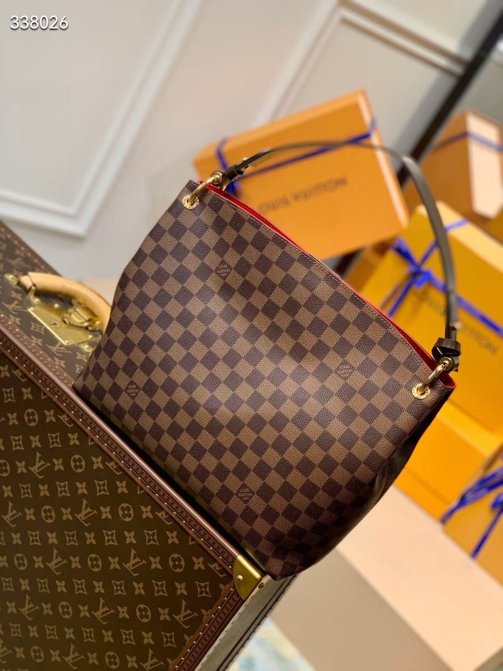 GRACEFUL MM BAG 35 IN BROWN DAMIER COATED CANVAS BROWN CALFSKIN