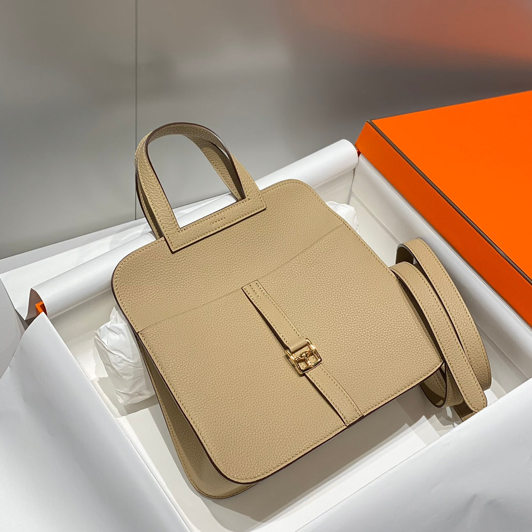HALZAN 25 HANDLE BAG IN TAN BROWN GRAINED CALFSKIN